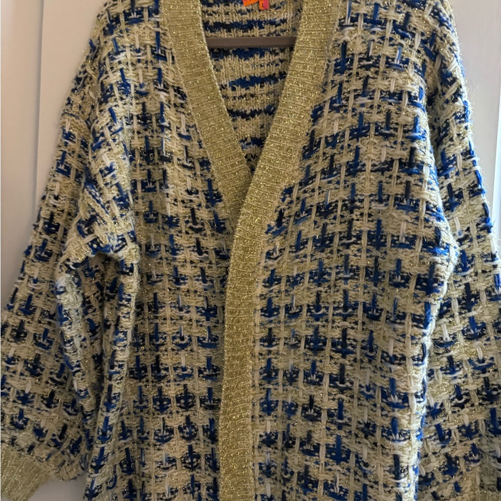 Vilagallo Textured Blue and Gold Cardigan, Made in Spain, Large.